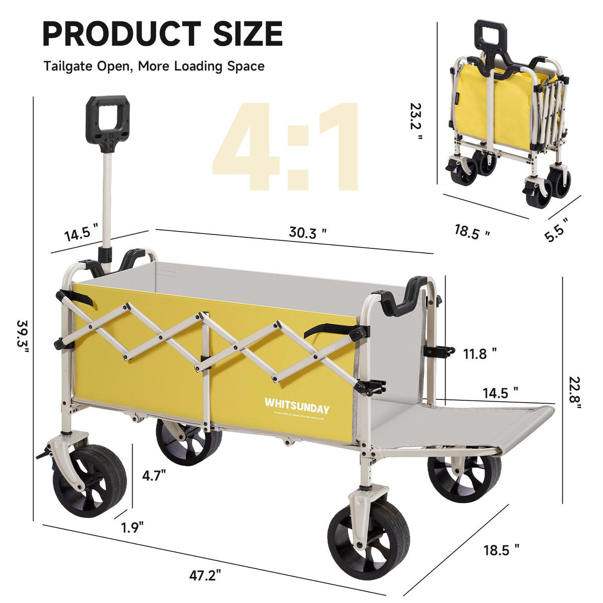 Collapsible Folding Wagon Cart, Heavy Duty Utility Wagons with Tailgate & Wheels,Portable Utility Cart for Camping,Garden,Beach,Sports Yellow