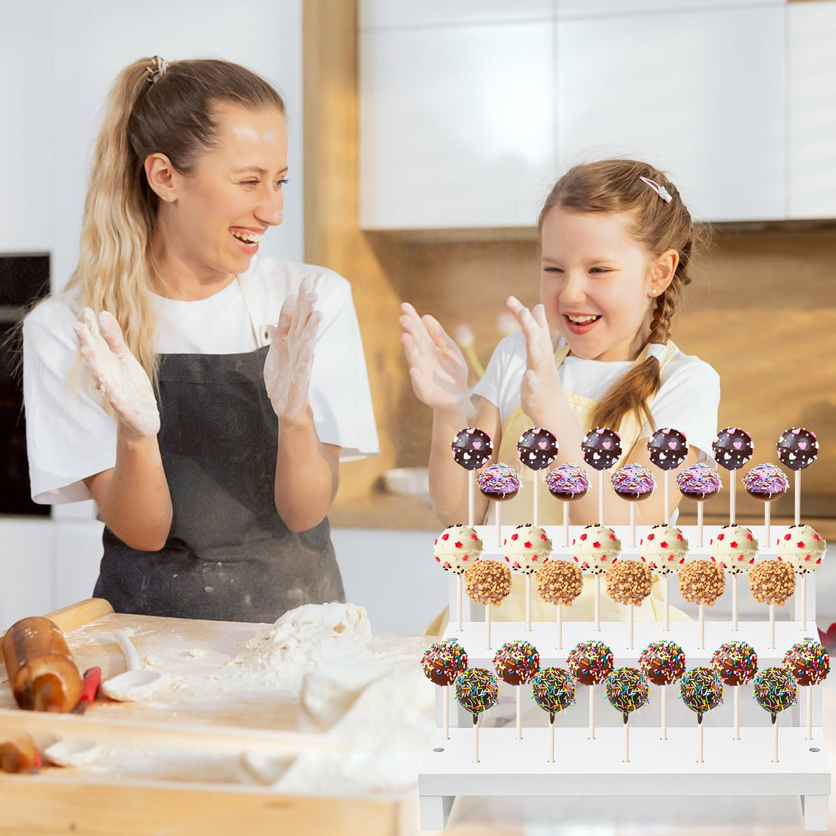 KHayRovies 2Pcs Wood Cake Pop Display Stand, White Lollipop Holder 3 Tier with Twist Ties Lollipop Sticks, 33 Holes Sucker Storage Rack for Dessert Table of Wedding Birthday Party Christmas Day (B)