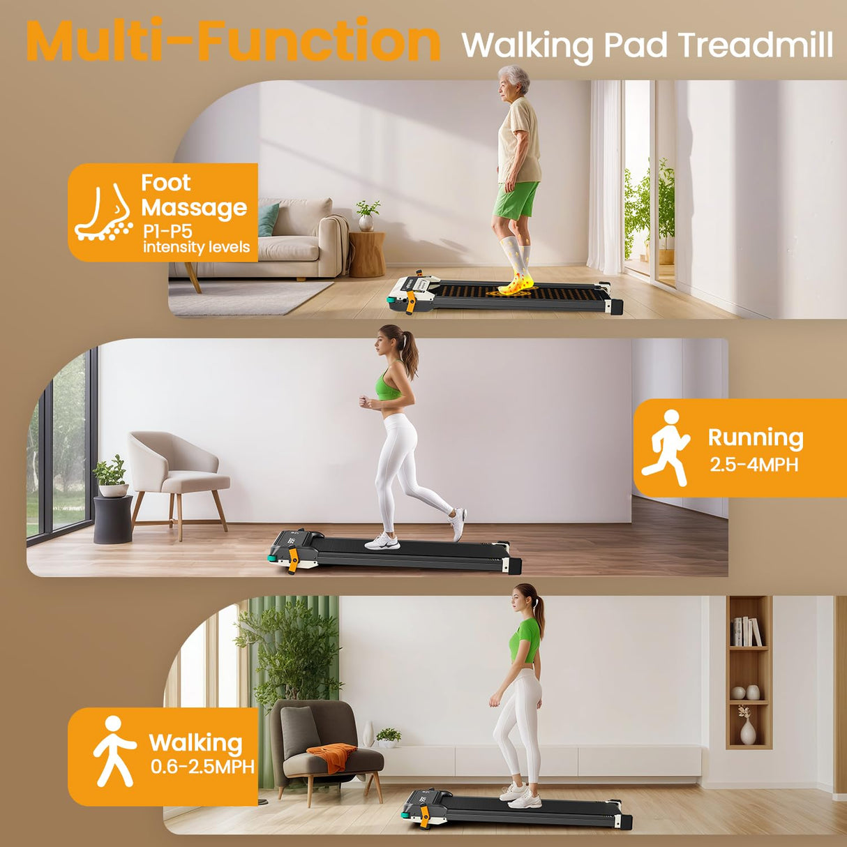 2 Side Walking Pad with Incline Massage Function, 2 in 1 Under Desk Treadmills Walking Pad and Foot Massager for Home/Office, Portable Treadmill with Remote Control LED Display (Black)