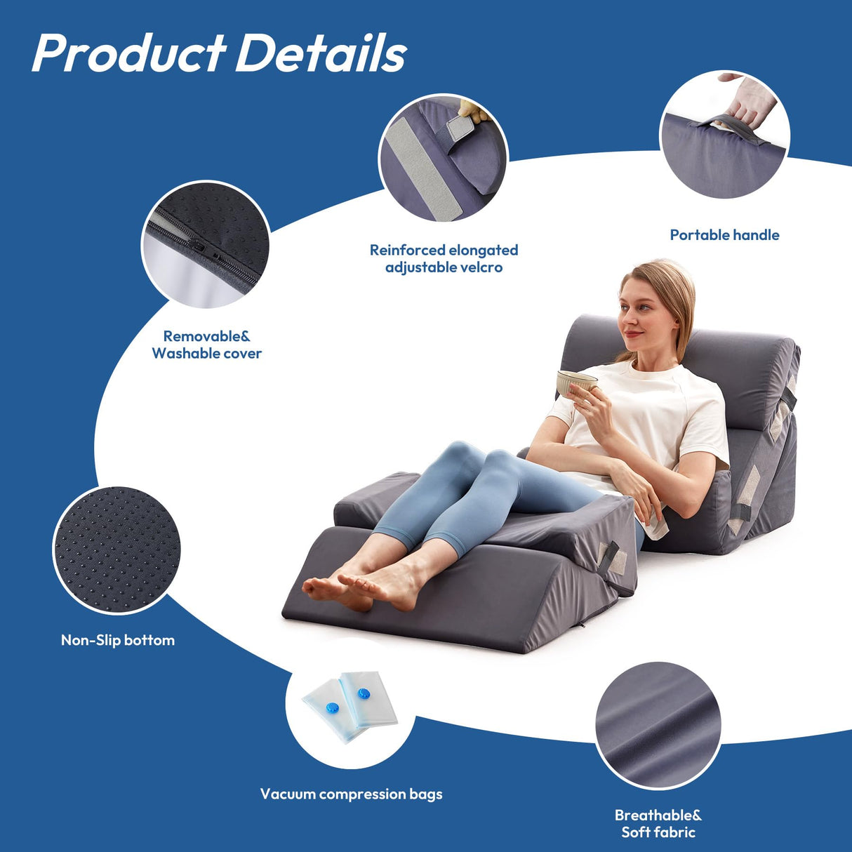 Ahpmeoa 6PCS Wedge Pillow Set for After Surgery, Back Support Pillow for Bed, Bed Wedge Pillow for Post Surgery, Back Rest Pillow for Sitting in Bed, Pillow for Back Pain Relief, Plush Grey