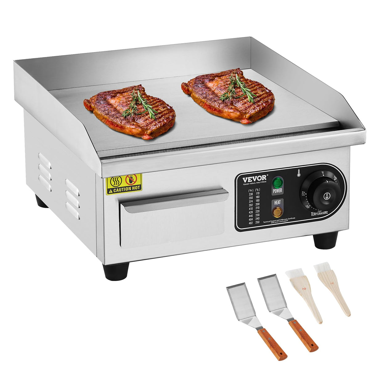 VEVOR Commercial Electric Griddle, 1700W Countertop Flat Top Grill, 14in Stainless Steel Griddle Grill with 2 Shovels and 2 Brushes for Home or Restaurant, 122℉-572 ℉ Adjustable Temp