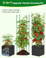 MQJIAZHI 4 Pack Square Tomato Trellis Cages 55 Inch Height, with 17 Gallon Square Grow Bags (12×12in), Heavy Duty Tomato Plant Support Stakes for Outdoor Garden Climbing Vegetables Fruits Flowers