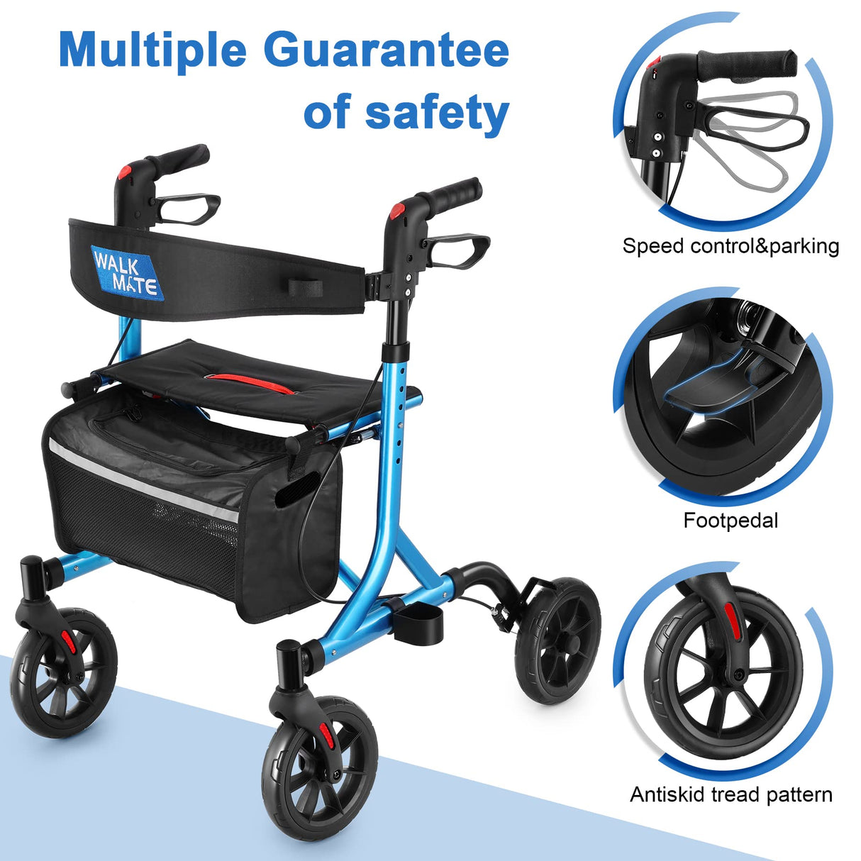 WALK MATE Rollator Walker for Seniors with Cup Holder, Upgraded Thumb Press Button for Height Adjustment, 4 x 8 Wheels Walker with Seat Padded Backrest Folding Lightweight Walking Aid, Blue
