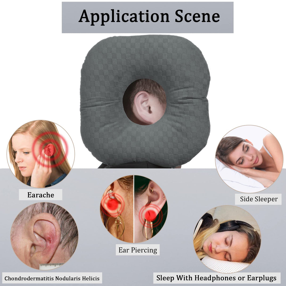 Wuronsa Ear Piercing Pillow for Side Sleepers, Pillow with an Ear Hole for CNH and Ear Pain Ear Inflammation Pressure Sores, O-Shaped Side Sleeping Pillow, Ear Guard Pillow (Dark Gray)