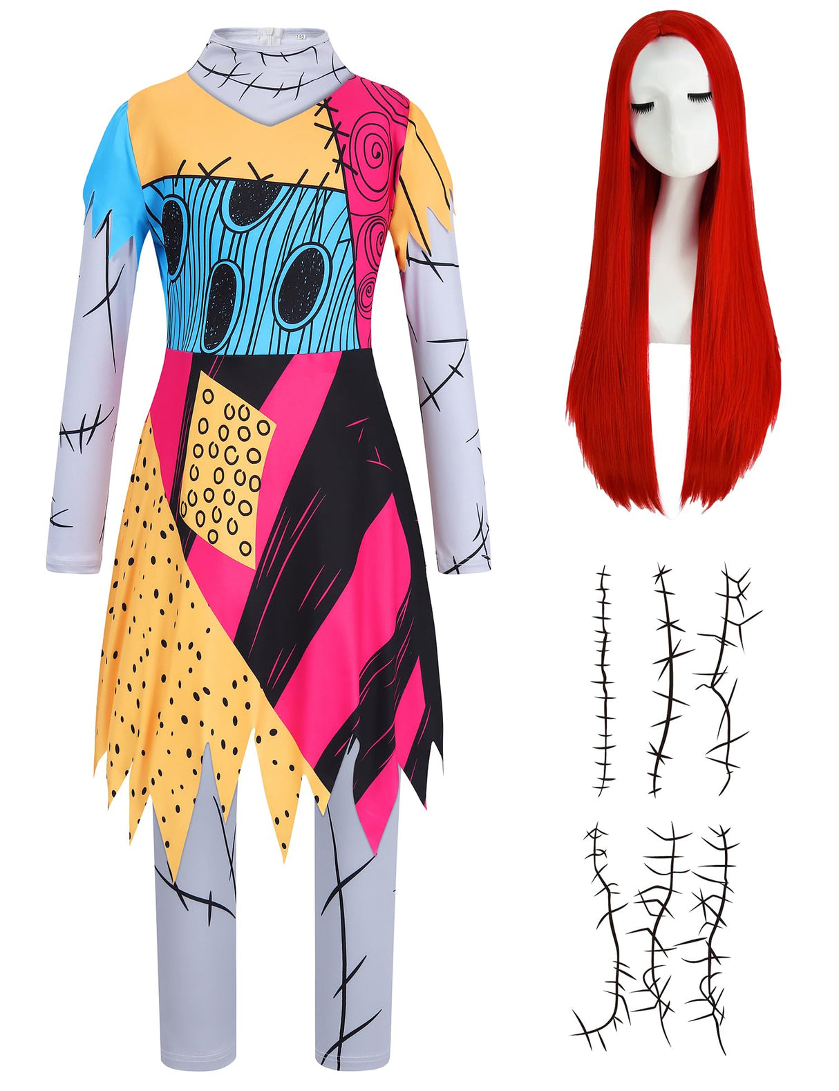 QUJQOM Girls Doll Princess Cosplay Long Sleeve Dress Kids Halloween Costumes Christmas Nightmare Outfits with Leggings, Red Wig, 18 Pcs Stickers QM038XXL