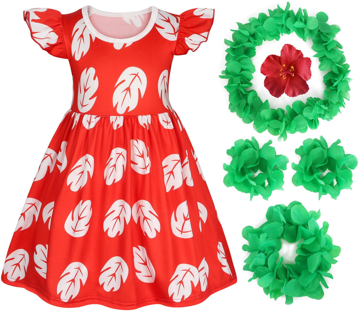 Benylion Hawaiian Dress for Girls Red Leaf Dress With Flowers Hairpin Summer Dresses Halloween Christmas Costumes Party Wear 7-8 Years
