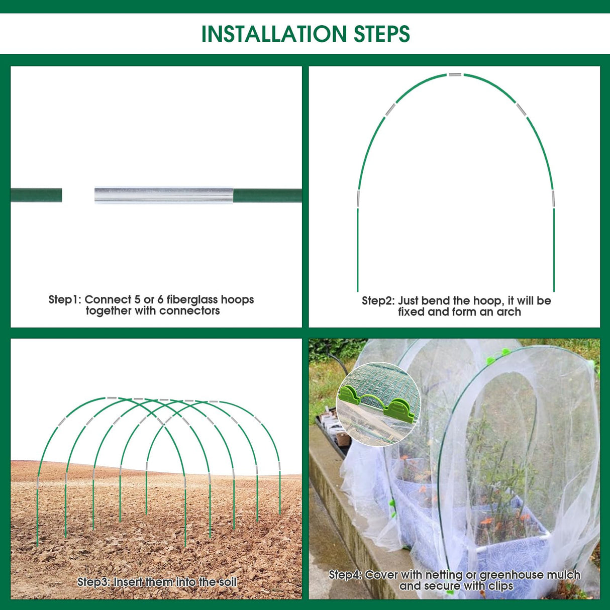Hoyejyou 72Pcs Garden Hoops for Raised Beds Wide, 12 Sets of 8Ft Greenhouse Hoops Grow Tunnel, Rust-Free Fiberglass Hoops Frame for Row Cover Netting Shade Cloth DIY Garden Stakes Supplies