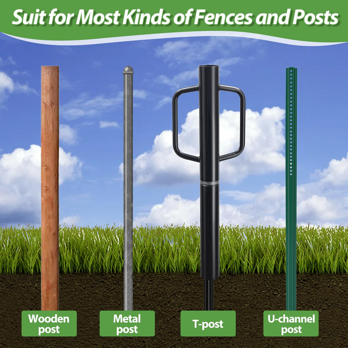 T Post Driver 12 LB, Fence Post Driver with Handles, Heavy Duty Metal Post Pounder for Wooden Posts U-Channels, 17 inch Steel Pile Driver for Farm Garden Orchard, Easy Use Fence Post Digger