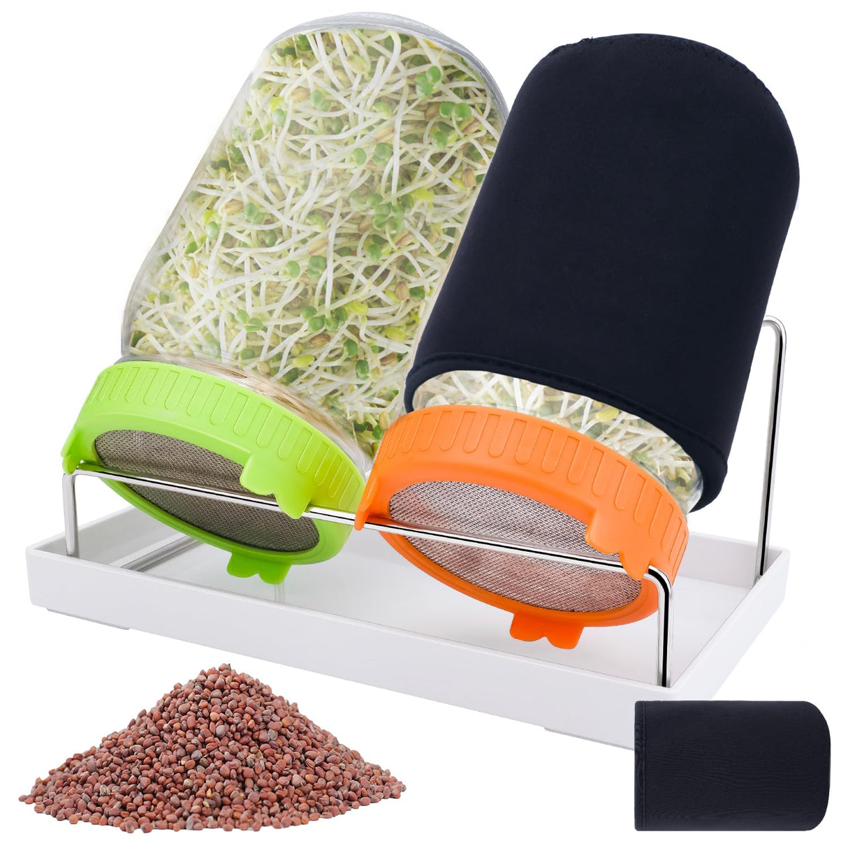 Seed Sprouting Kit with Radish 80g, 2 Large Wide Mouth Mason Jars with Sprout Lids, Blackout Sleeves, Drain Tray, Stainless Steel Stand, Sprouts Growing Kit for Growing Bean Alfalfa Sprout Seeds