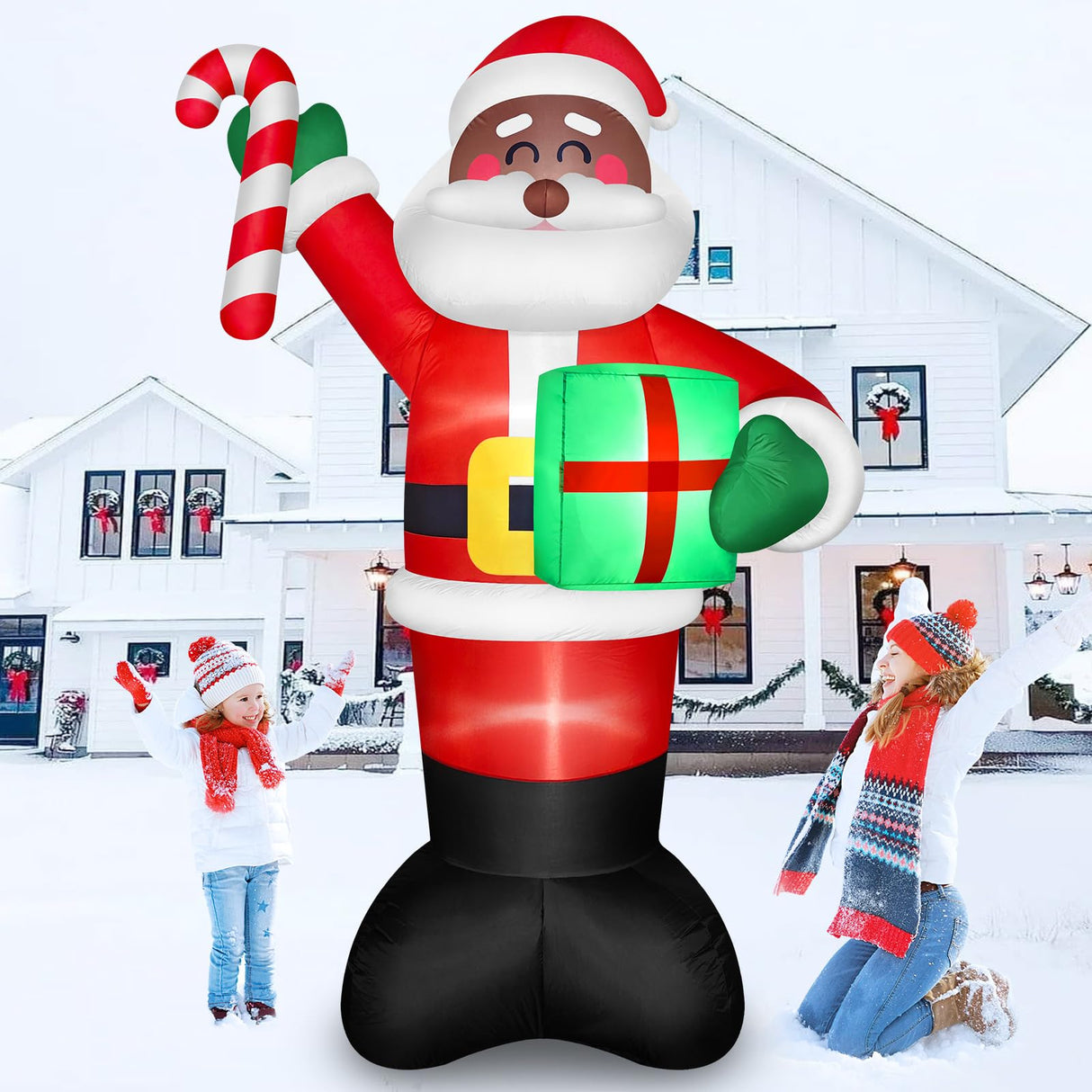 8 FT Tall Giant Black Santa Inflatable Christmas Decorations Outdoor Candy Cane & Gift Box, Build in LED Lights Funny Merry Xmas Blow Ups Yard Decoration for Outside Holiday Winter Indoor Patio Lawn
