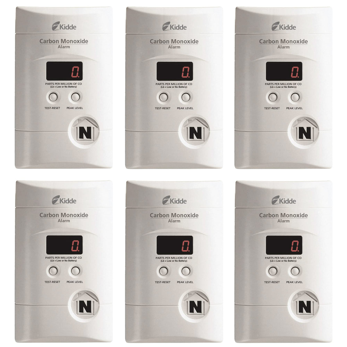 Kidde Carbon Monoxide Detector, Plug In Wall with 9-Volt Battery Backup, Digital LED Display - 6 Pack