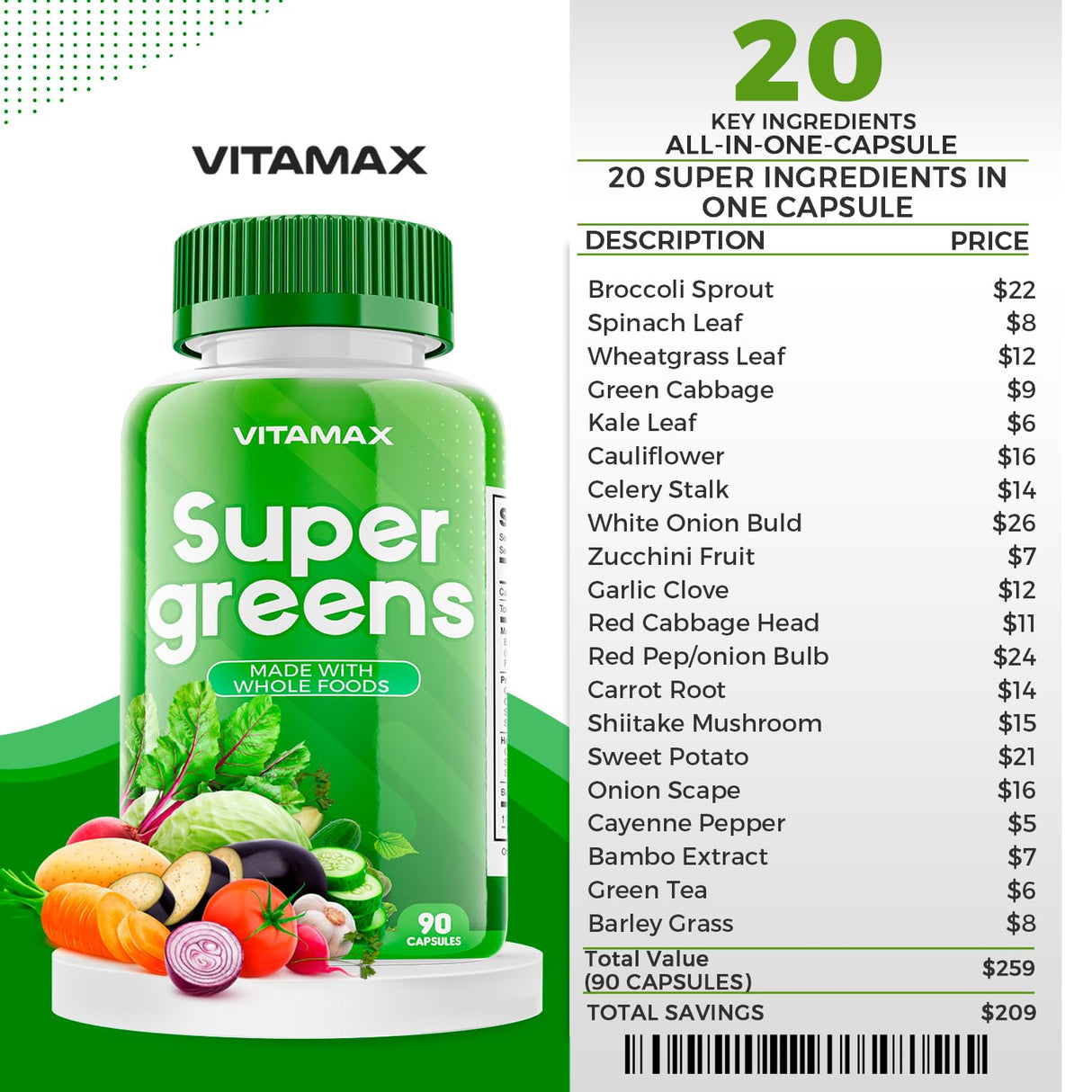 Vitamax Super Fruit and Vegetable Supplements – Whole Superfood Vitamins & Minerals – 90 Veggie and 90 Fruit Capsules for Women, Men, and Kids - Soy Free – Made in The USA