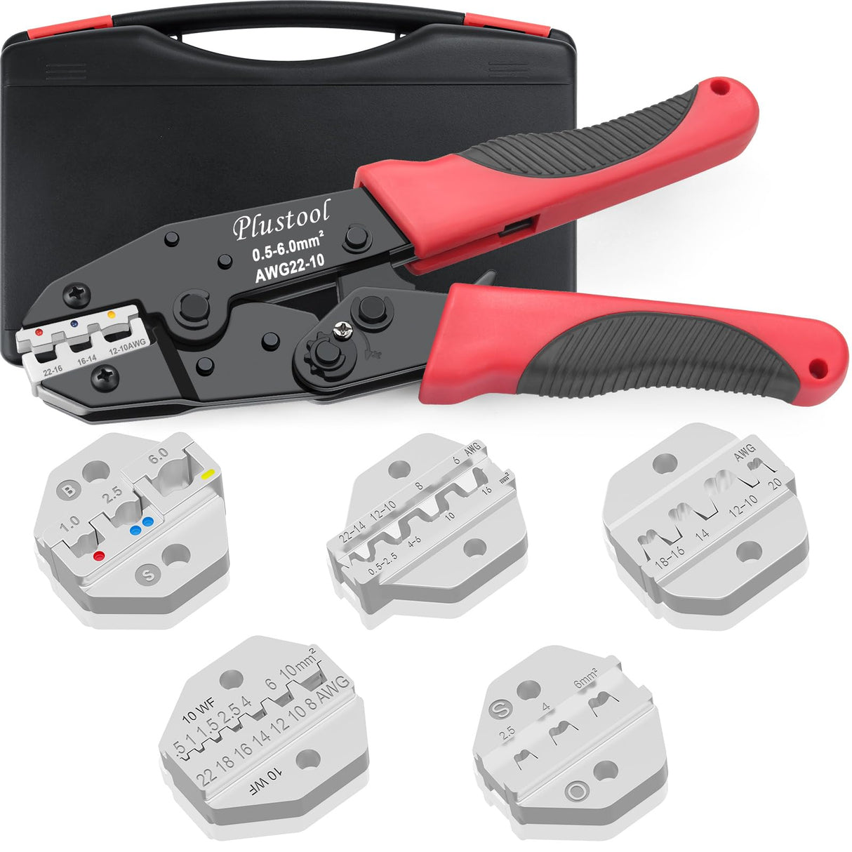 Plustool 6PCS Crimping Tool Set - Ratcheting Wire Crimper - for Heat Shrink, Insulated Nylon, Non-Insulated, Ferrule Terminal, Open Barrel Terminals & Solar Connectors