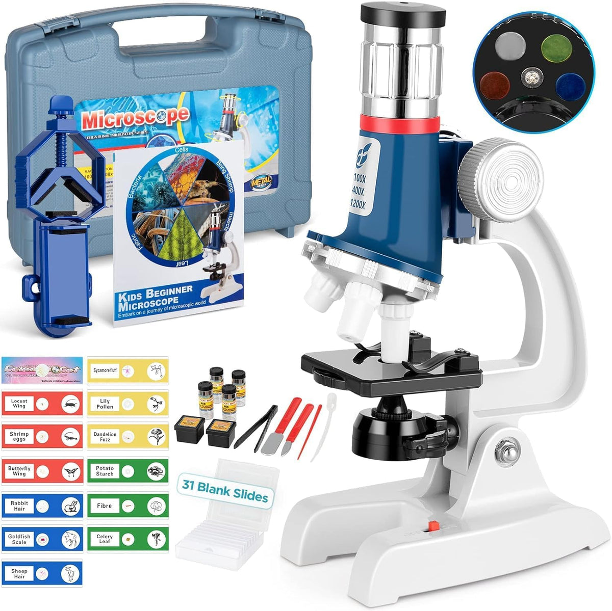 58-Piece Kids Microscope Kit - 100X-1200X Magnification, Metal Body, LED Light, Carrying Box - Science Experiment Toy for Kids Ages 5-12
