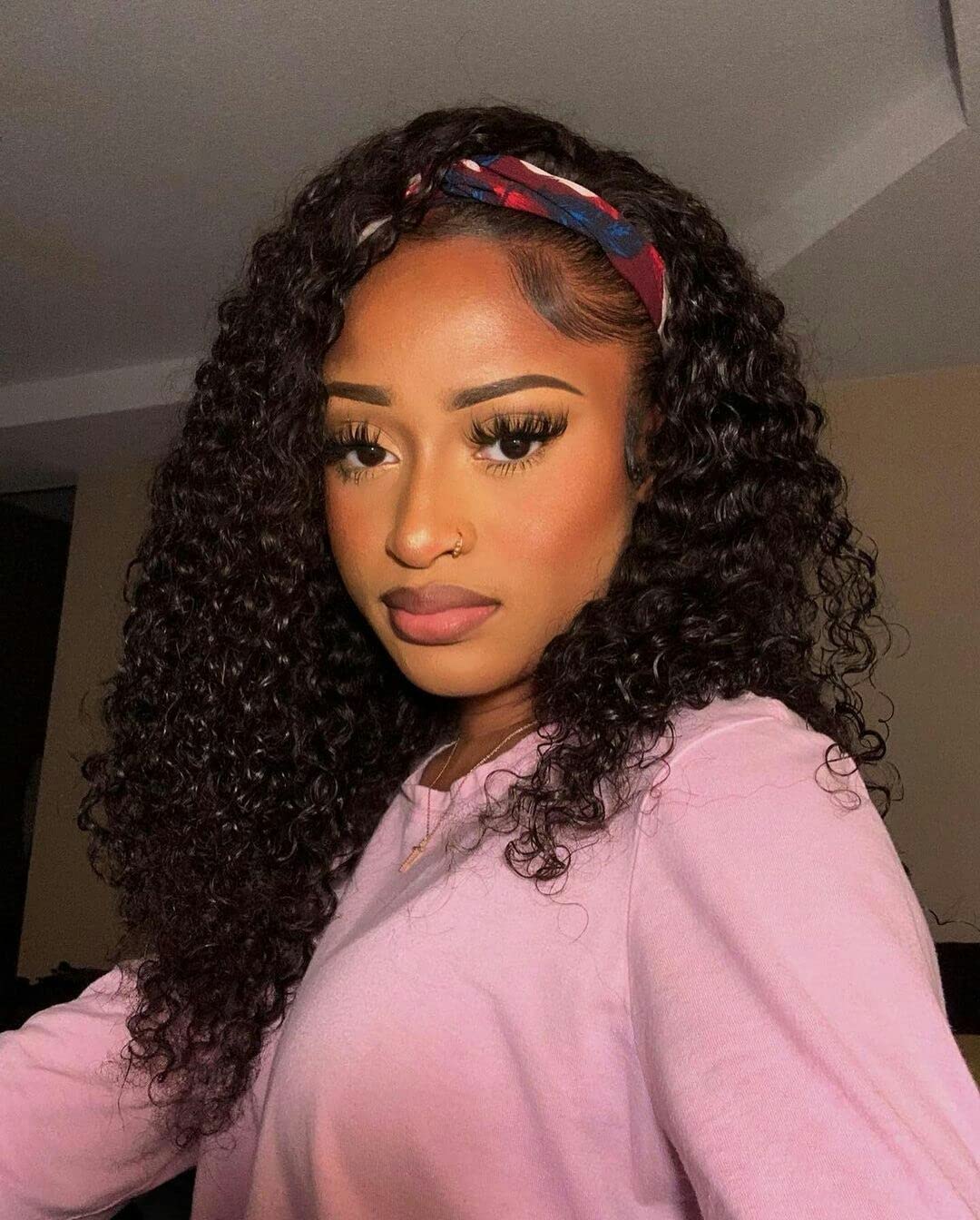 Lauberita Headband Wig Human Hair Wigs 18 Inch Wear and Go Glueless Wig Curly Deep Wave Headband Wig Natural Color