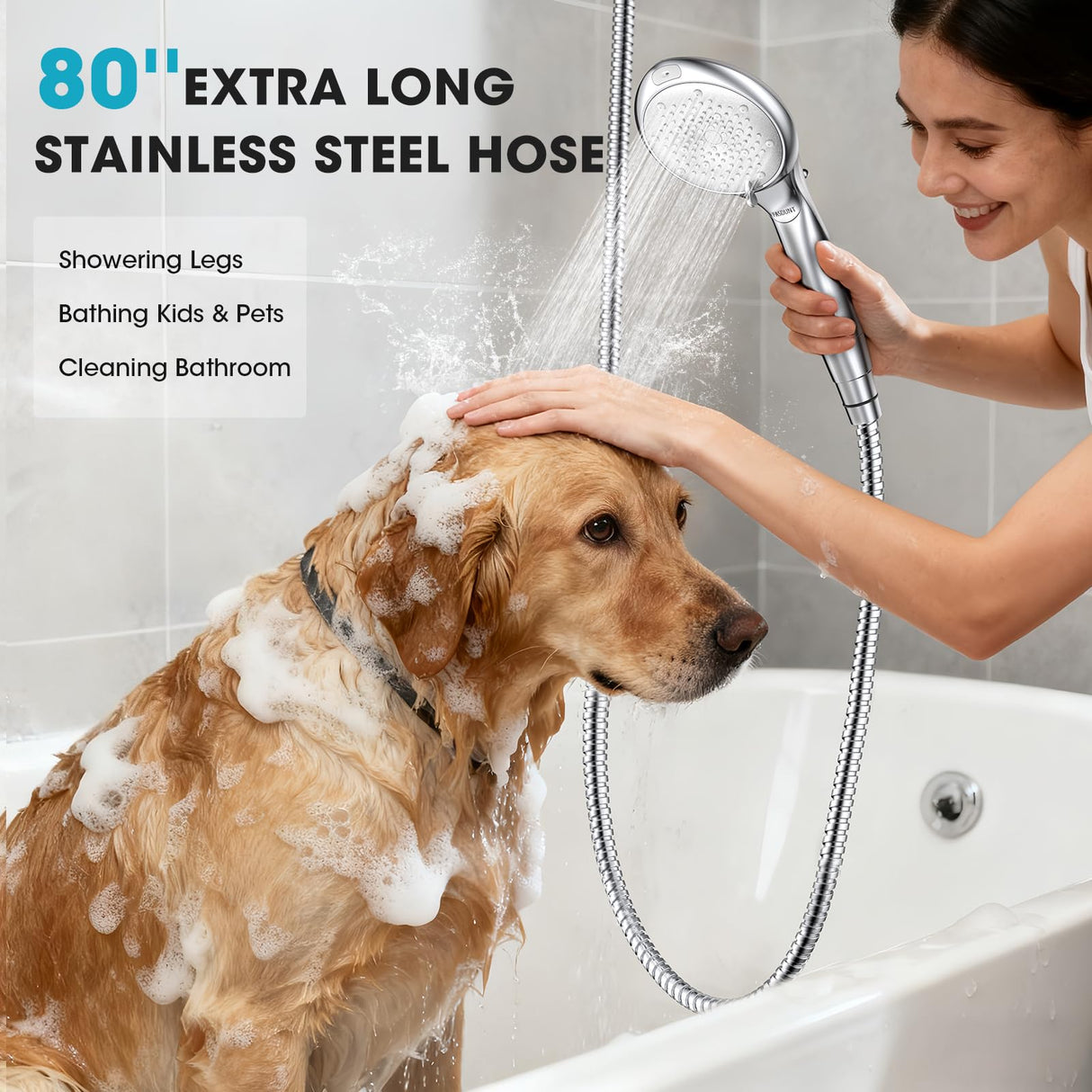 FASDUNT Shower Head with Handheld, High Pressure 8-Mode Filtered Shower Head with 80" Extra Long Stainless Steel Hose & Adjustable Bracket, Built-in Filter for Hard Water -Remove Chlorine, Chrome