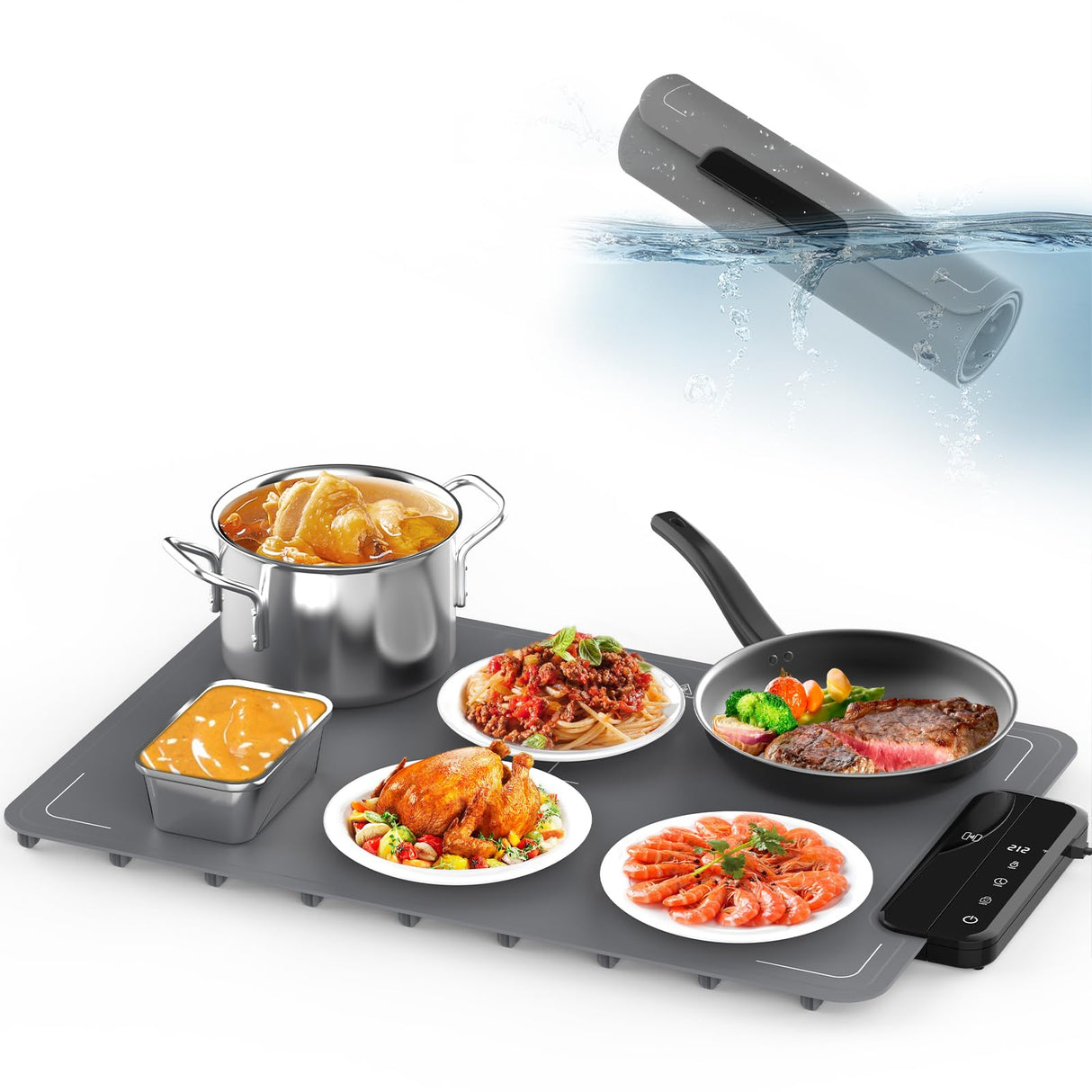Portable Food Warming Mat with Waterproof Design, Silicone Food Warming Tray with 6 Temperature & 6 Timer Settings, Child Lock Safety, 8s Rapid and Full Surface Heating Food Warmer for Everyday Use