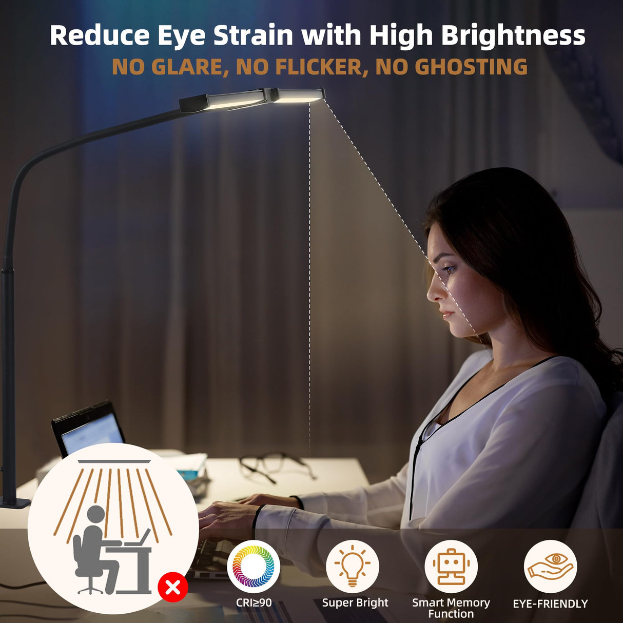 Motumen Led Desk Lamp for Home Office, Eye-Care Architect Light with Clamp, Smart Double Head Computer Monitor Table Clip Lamp, Adjustable Flexible Goose-Neck, 25 Lighting Models, Task Lamp, Black