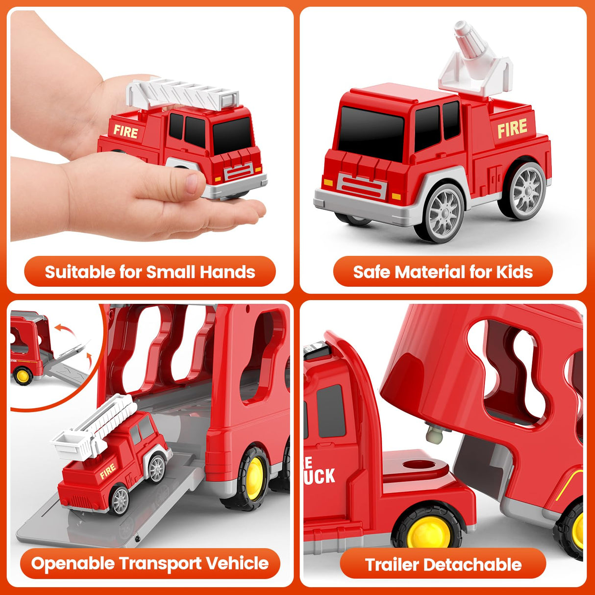 FunMission Toddlers Fire Truck for Kids 3-9 Year Old，5 in 1 Friction Power Vehicle Car for 3 4 5 6 7 Years Old Boys Girls，Carrier Truck Transport Toys for Christmas and Birthday Gifts