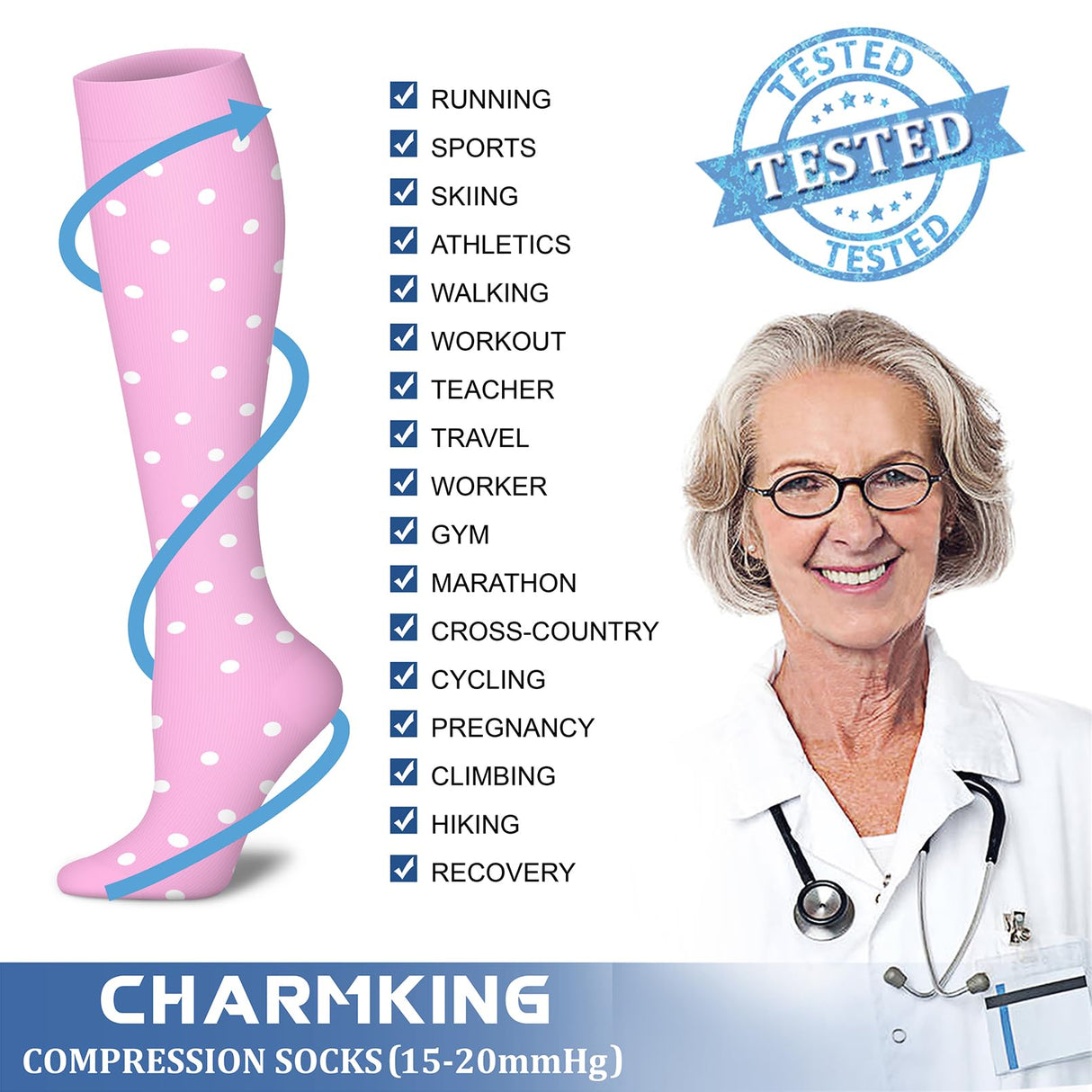 CHARMKING Compression Socks for Women & Men (8 Pairs) 15-20 mmHg Graduated Copper Support Socks are Best for Pregnant, Nurses - Boost Performance, Circulation, Knee High & Wide Calf (L/XL, Multi 53)