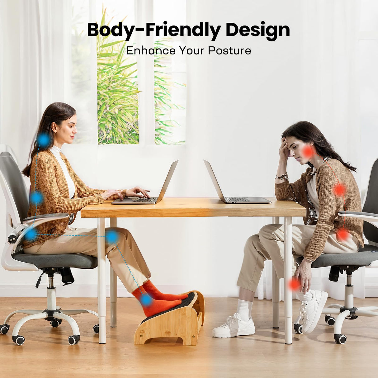 HUANUO Bamboo Foot Rest for Under Desk at Work, Ergonomic Foot Rest with 4 Height Settings, Pebble Massage Surface, Non-Slip Under Desk Footrest for Better Posture, Foot Rest for Home & Office, HNFR11