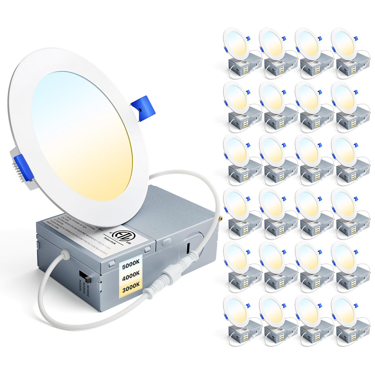 Ensenior 24 Pack 4 Inch LED Recessed Ceiling Light, Dimmable, 3000K-5000K 3CCT, 750LM 9W 120V, High Brightness Canless Wafer Downlight - ETL&FCC&IC