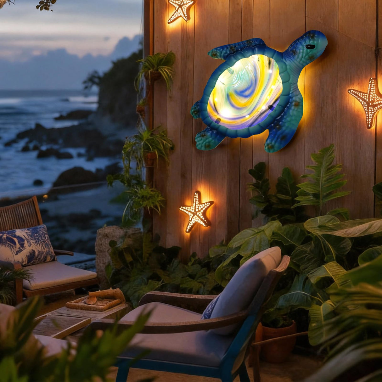 LIFFY Sea Turtle Decor Ocean Nautical Beach Wall Art Metal Glass Sea Turtle Bathroom Decor with LED Fairy Lights, 15" Indoor Outdoor Wall Art Sculpture for Patio,Pool,Beach,Garden,Yard,Home Gift