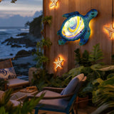 LIFFY Sea Turtle Decor Ocean Nautical Beach Wall Art Metal Glass Sea Turtle Bathroom Decor with LED Fairy Lights, 15" Indoor Outdoor Wall Art Sculpture for Patio,Pool,Beach,Garden,Yard,Home Gift