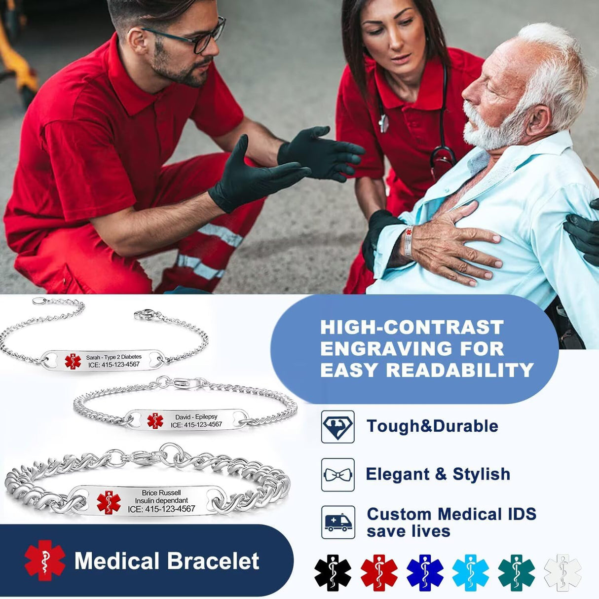 Personalized Medical Alert ID Bracelets for Women & Men Stainless Steel