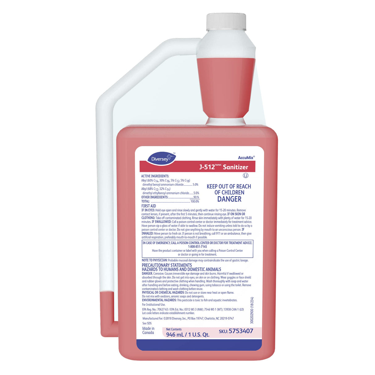 Diversey 5753407 J-512 Sanitizer, Final Step No Rinse Food Contact Kitchen Sanitizer for Utensils & Dishes, AccuMix Concentrate, 32-Ounce