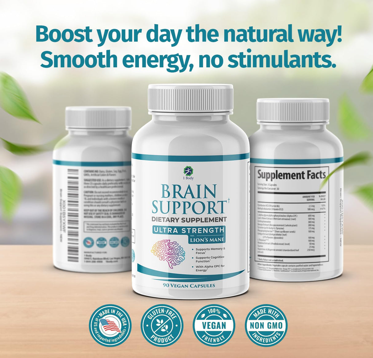 1 Body Brain Supplement – Nootropic Brain Booster with Alpha GPC, Ginkgo & Bacopa – 90 Vegan Capsules – Memory Supplement for Brain Support, Focus Pills, Brain Fog Supplements for Women and Seniors