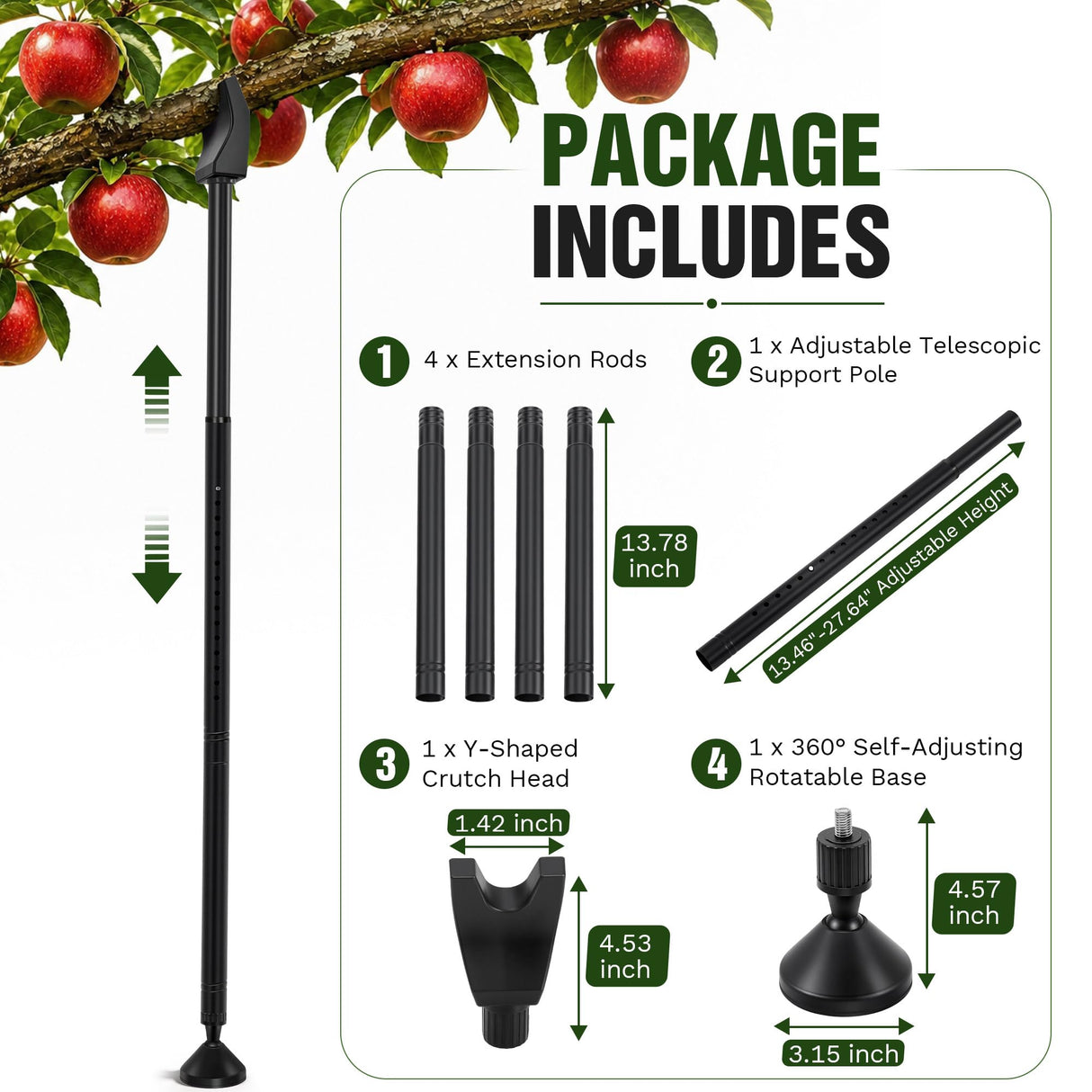 Carbon Steel Tree Support Pole with Crutch, Adjustable 20"-81" Tree Support for Leaning Trees, Prevents Fruit Trees Branch Breakage, Holds Up to 150 lbs, 360° Self Adjusting Base for Branch-Support
