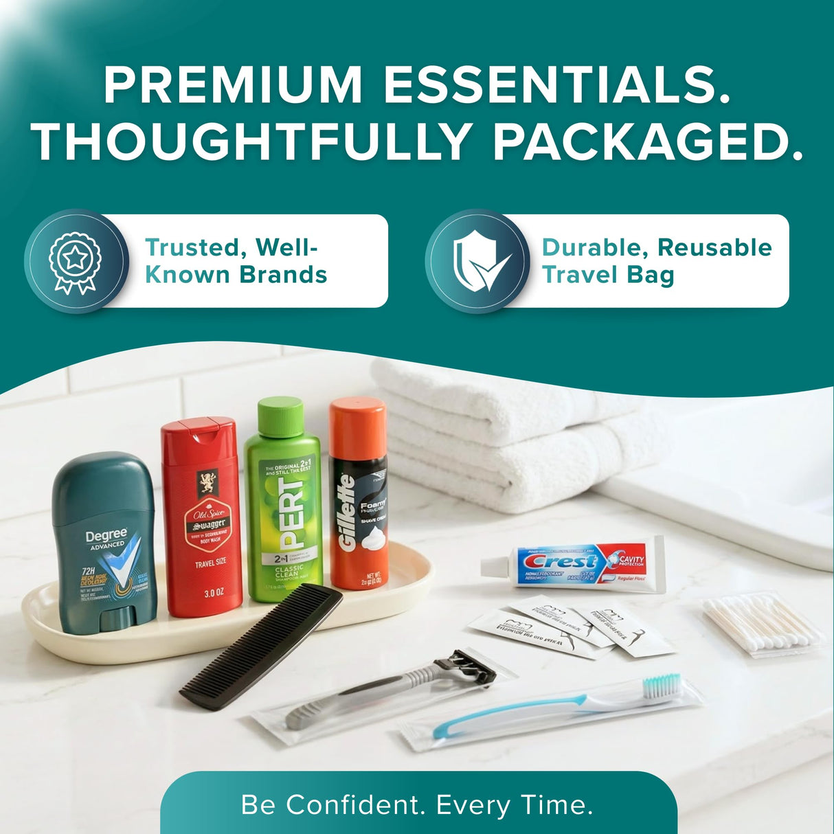 TrekTote Bulk 5 Case Pack of Mens 15 Piece Set Hygiene Kits, Bulk Travel Size Toiletries Kits, Deodorant, Shampoo, Body Wash, Shaving Cream, Razor, Toothbrush, Toothpaste, Comb, Flossers, Swabs
