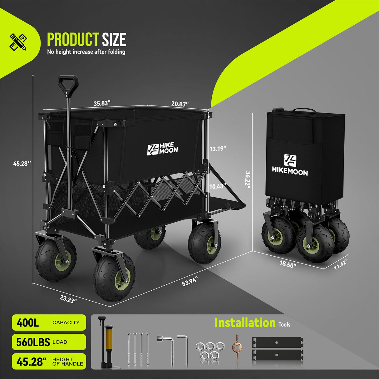 HIKEMOON Double Decker Collapsible Tailgate Wagon, Balloon Wheels, Black