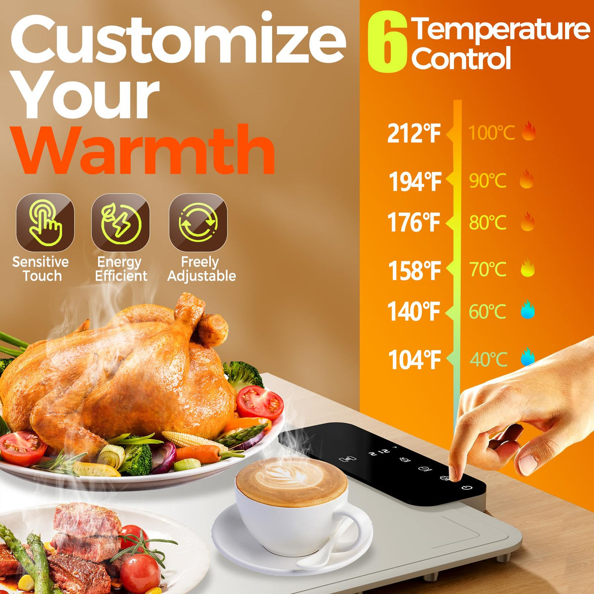 Warming Mat for Food | Dishwasher Friendly,Full-Surface Food Warmer with 6-Mode Adjustable and Timer,Roll-Up & Portable Silicone Food Heating Pad with Child Lock,Electric Warming Tray for Buffet Party