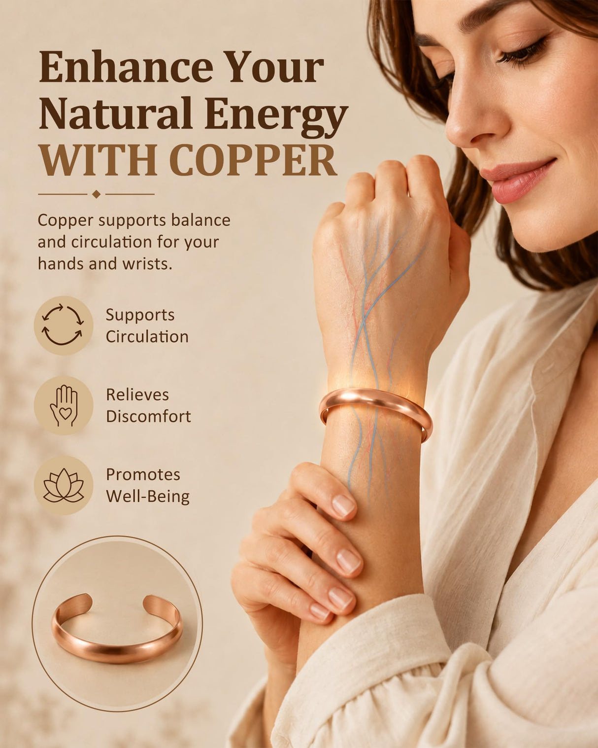 MagEnergy Copper Bracelet for Women Men-Tibetan Handmade-100% Pure Copper