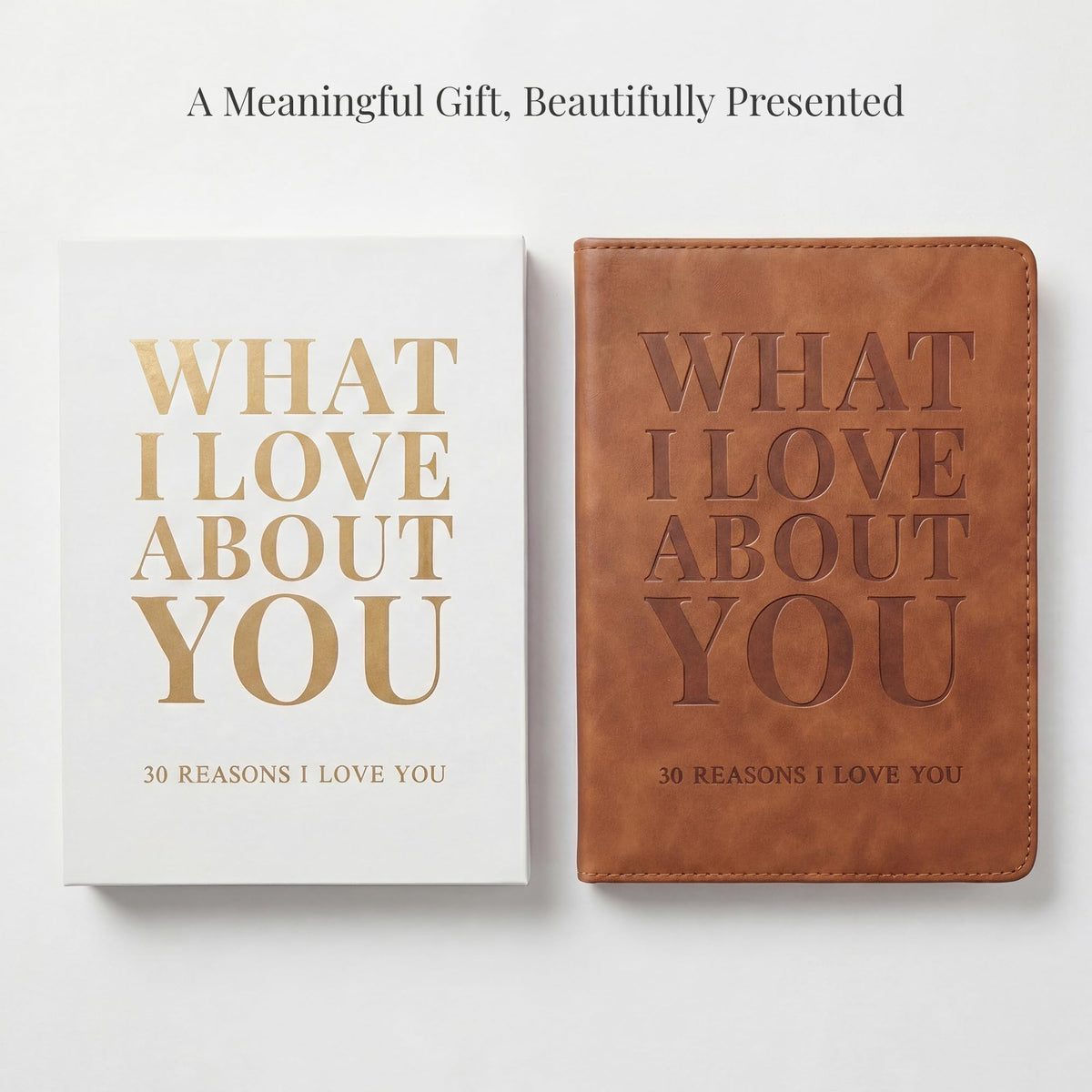 YOELOVE What I Love About You Leather Book – 30 Reasons Why I Love You, Fill-In-The-Blank Journal for Him & Her, Romantic Couples Keepsake (Brown Debossed)