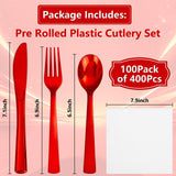 Joyido 400PCS Pre Rolled Red Plastic Silverware Sets - Heavy Duty Red Cutlery - Include 100 Pack Wrapped Disposable Utensils with Napkins for Christmas Parties & Dinners & Weddings