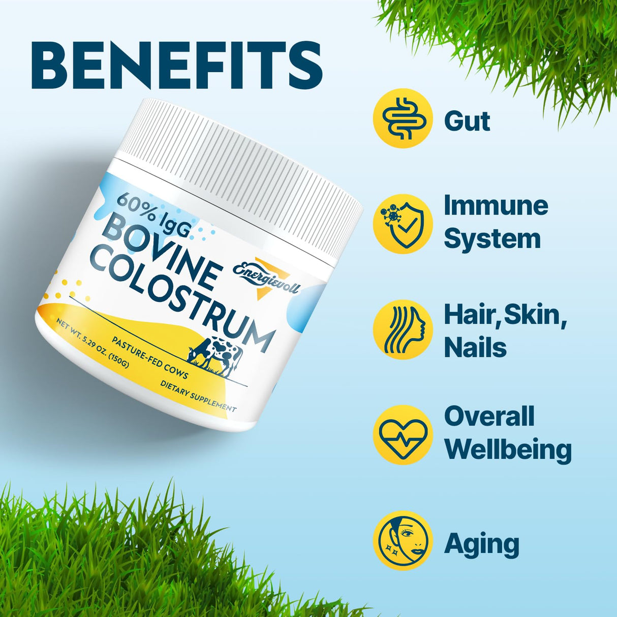 Energievoll Bovine Colostrum Supplement Powder - 60% IgG 3000 mg for Gut, Hair Growth, Beauty, and Immune, Easy to Mix, Unflavored (50 Servings)