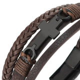 COOLSTEELANDBEYOND Men's Brown Layered Leather Bracelet With Black Cross Bar Centerpiece, Braided and Smooth Strap Design, Black Clasp Wristband, Modern Faith Style Accessory