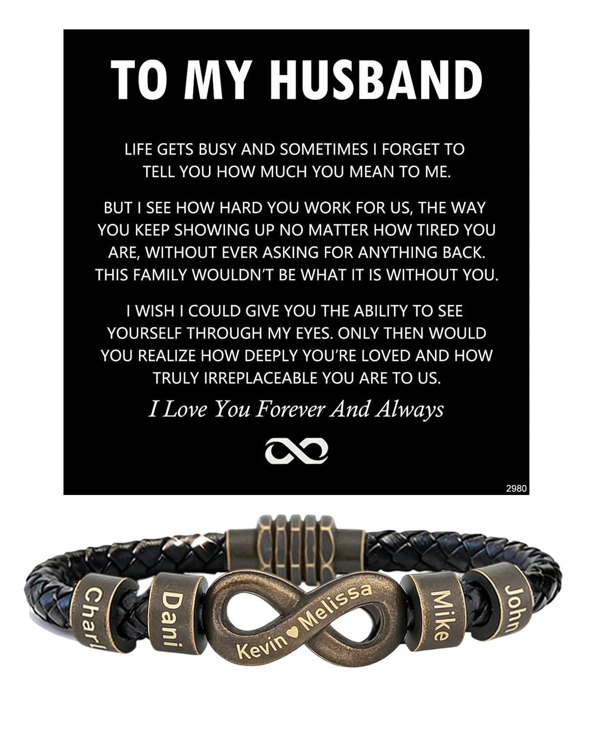 ziella Personalized Infinity Bracelet for Husband, Custom Braided Leather Bracelet with Engraved Name Beads, Anniversary Birthday Gift (9inch, Irreplaceable)