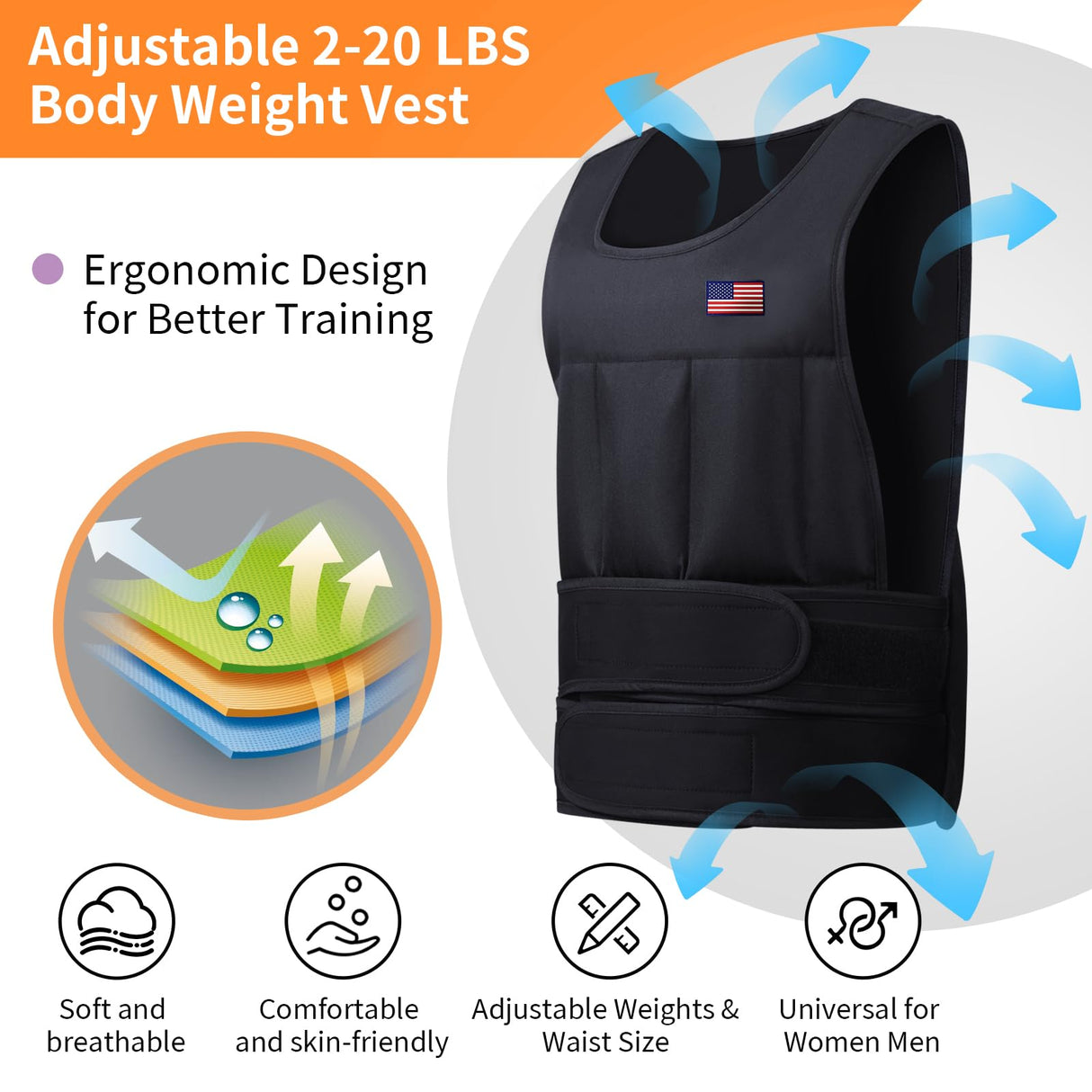 Wolliwa Adjustable Weighted Vest for Men Women,2-20 Lbs Adjustable Weights Weighted Vest with Straps Running Weight Vest Walking Strength Training Fitness,Black,14 PCS Sandbags,Each 1.27 Lbs