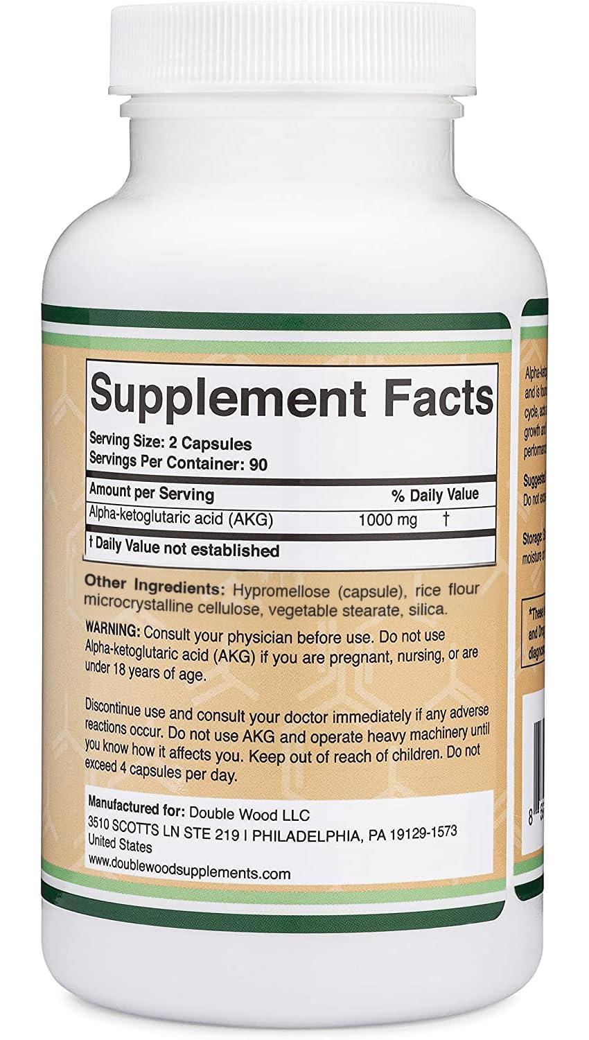 AKG Supplement (Alpha Ketoglutaric Acid) 1,000mg Per Serving (180 Capsules) Different and May Be More Effective Than AAKG (Recently Studied for Healthy Aging Properties) Gluten Free by Double Wood