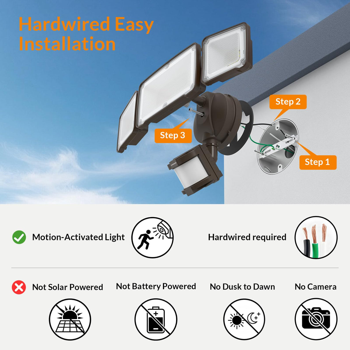 LEPOWER LED Security Light Motion Sensor Light Outdoor, 38W 4200LM Motion Security Light, 5500K, IP65 Waterproof, 3 Head Motion Detected Flood Light for Garage, Yard, Porch (Brown)
