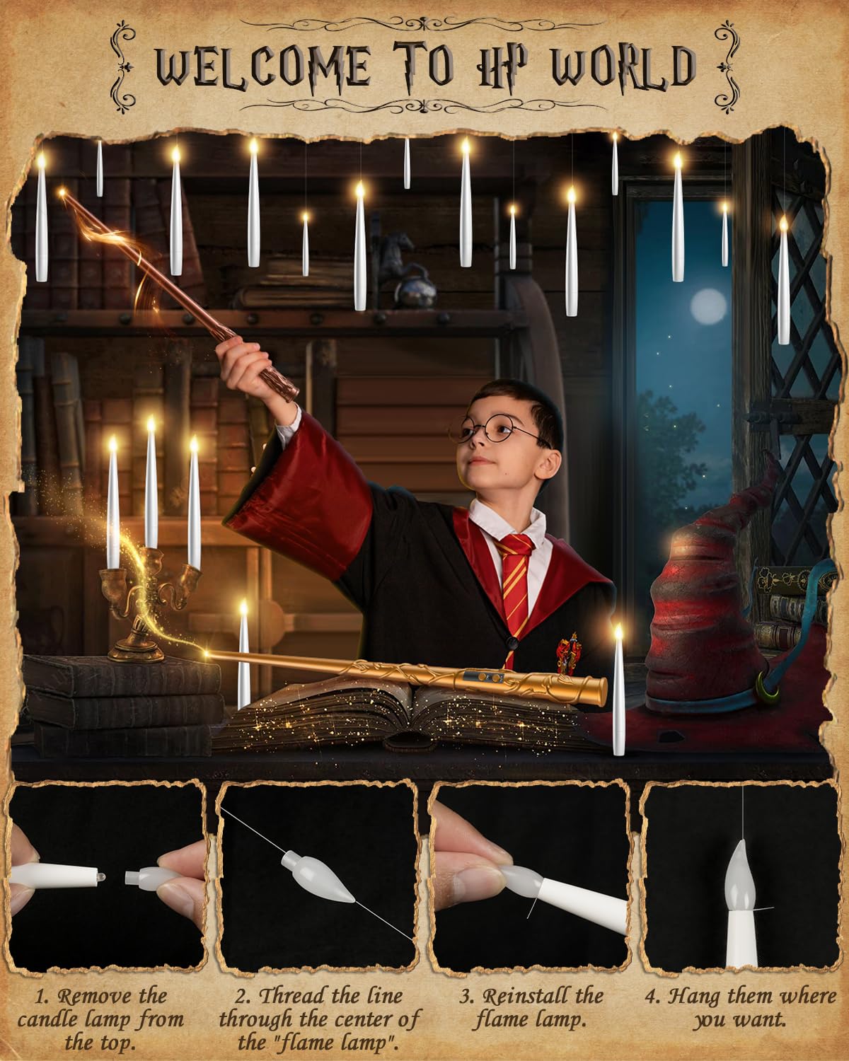 TLPUHU Floating Candles with 2 Wand - 24 Pack Christmas Decorations Magic Flameless Candles Flickering Warm Light LED Hanging Candle Remote, Operated Candles for Christmas Outdoor Indoor Party Decor