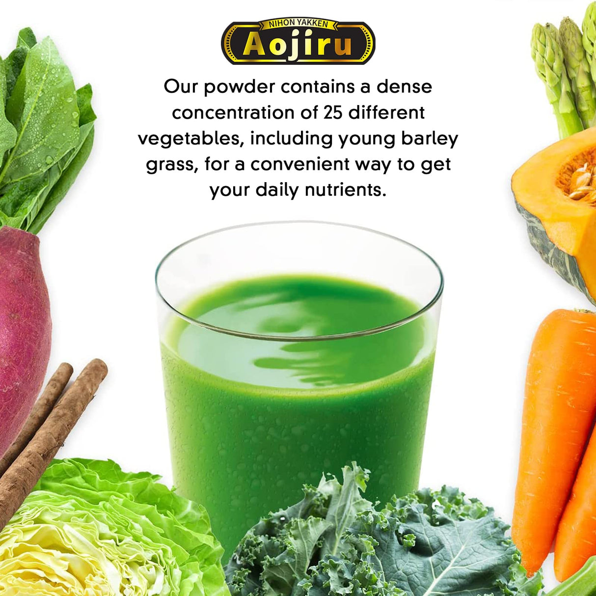 Kin no Aojiru Veggie Blend - 25 Types of Pure Japanese Vegetables Including Young Barley Grass - Ready-to-Use 0.12 oz. (3.5g) Individual Packet × 30pcs - Gluten Free
