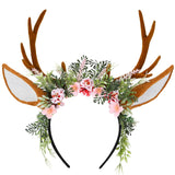 MOSTORY Handmade Antler Headband Brown - Adjustable Reindeer Horns Crown with Ears Fairy Flower Woodland Headpiece for Renaissance Christmas Cosplay Prom Fae Ball Costume Photo Prop