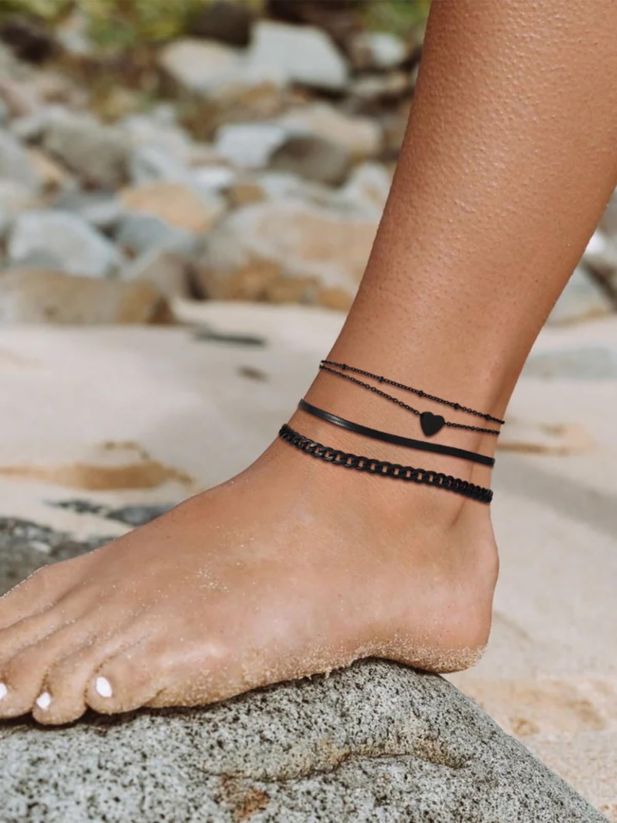 FOCALOOK Anklets for Women Waterproof, 3 Pcs Black Ankle Bracelets for Women Plus Size Adjustable Cuban Figaro Link Chain Heart Charm Anklets Set for Summer Beach Gift