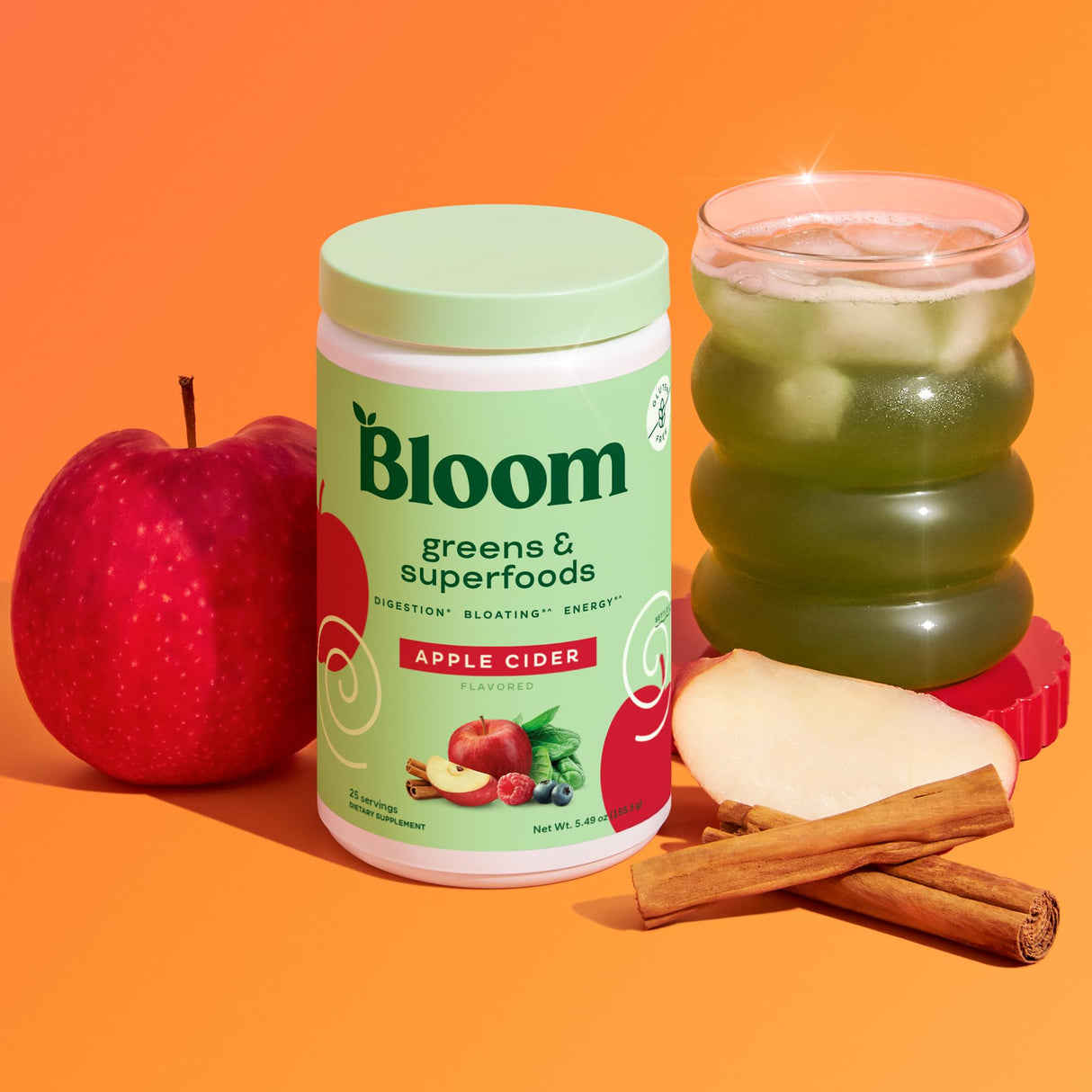 Bloom Nutrition Superfood Greens Powder, Digestive Enzymes with Probiotics and Prebiotics, Gut Health, Bloating Relief for Women, Chlorella, Green Juice Mix with Beet Root Powder, 25 SVG, Apple Cider