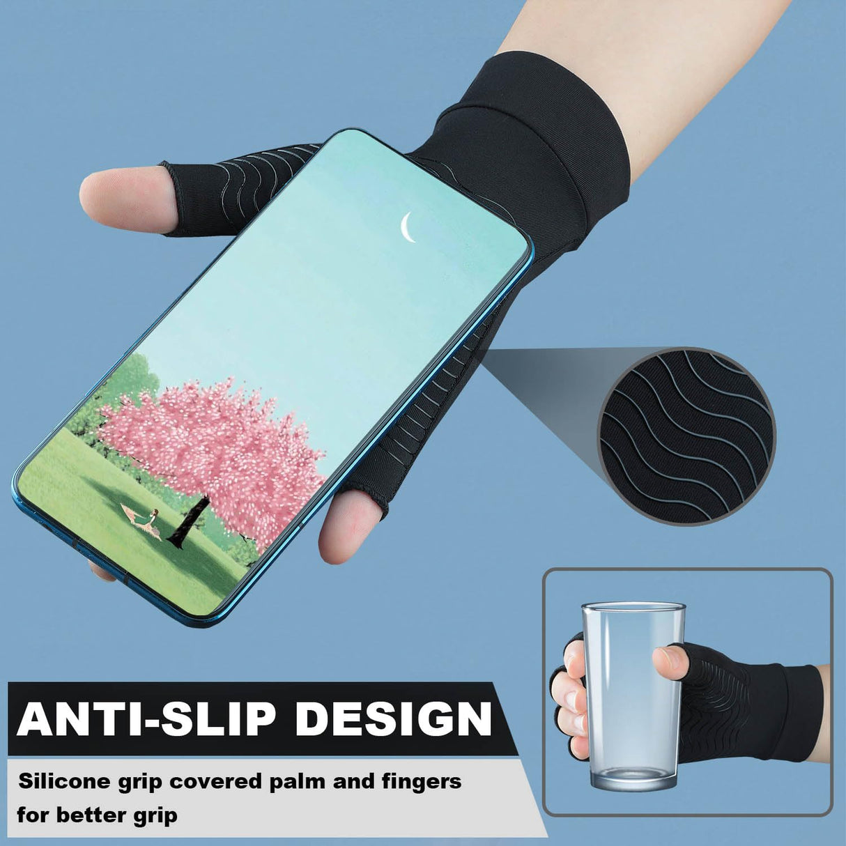 TIZHJOZI 2 Pairs Copper Arthritis Compression Gloves for Rheumatoid, Osteoarthritis, Carpal Tunnel Pain Relief, Compression Hand Gloves for Women & Men,Anti-Slip Fingerless Gloves for Work,Typing (L)